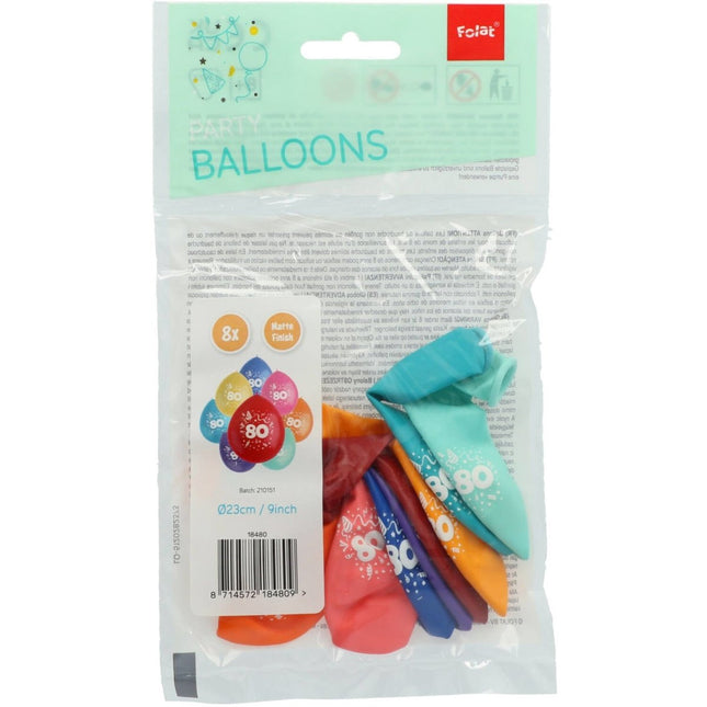 Ballonnen 80 Jaar Gekleurd 23cm 8st van Folat koop je bij Partywinkel