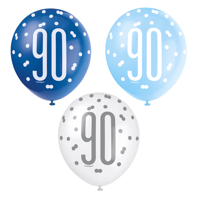 Ballonnen 90 Jaar Stippen Blauw 30cm 6st van Unique koop je bij Partywinkel