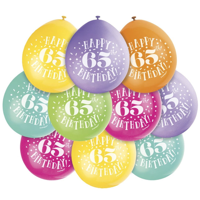 Ballonnen Happy Birthday 65 Jaar 28cm 10st van Unique koop je bij Partywinkel