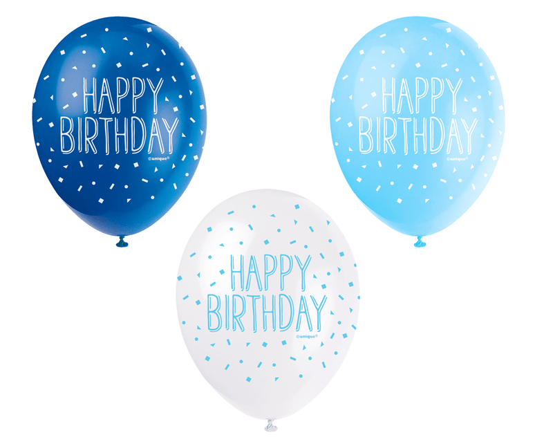Ballonnen Happy Birthday Confetti Blauw 30cm 5st van Unique koop je bij Partywinkel