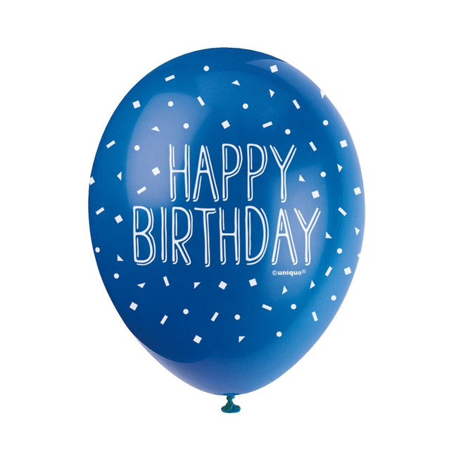 Ballonnen Happy Birthday Confetti Blauw 30cm 5st van Unique koop je bij Partywinkel