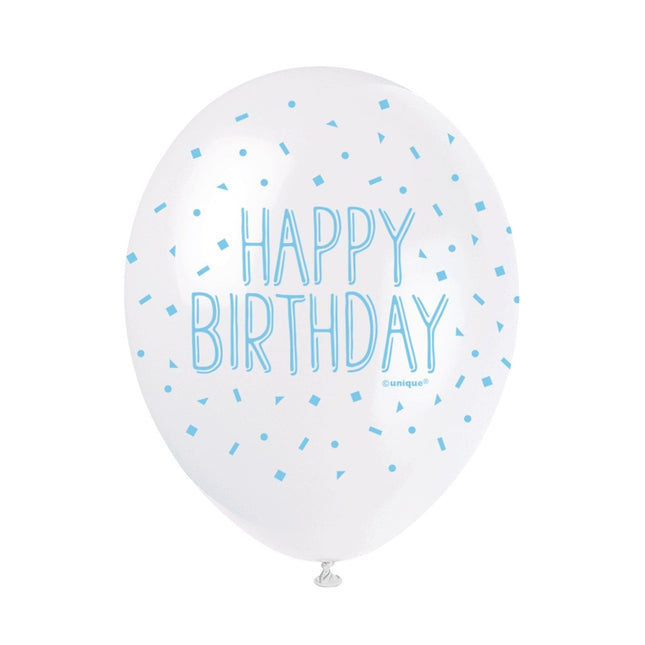 Ballonnen Happy Birthday Confetti Blauw 30cm 5st van Unique koop je bij Partywinkel