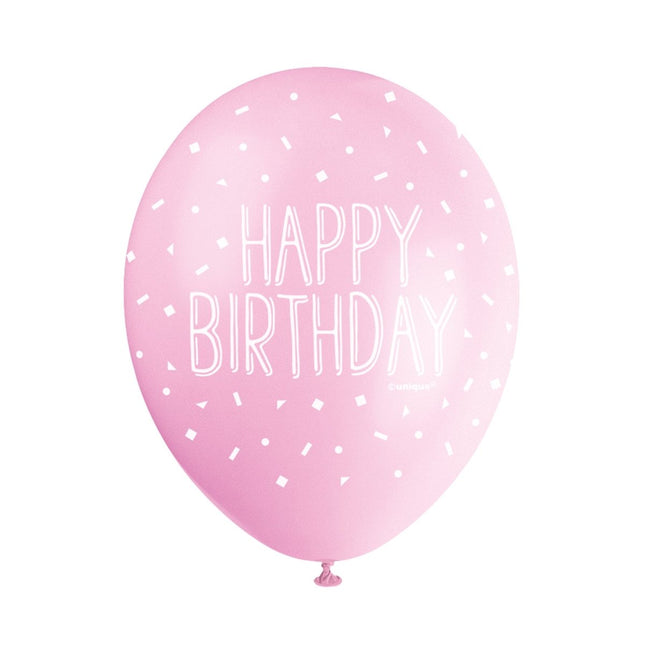 Ballonnen Happy Birthday Confetti Roze 30cm 5st van Unique koop je bij Partywinkel