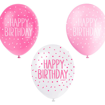 Ballonnen Happy Birthday Confetti Roze 30cm 5st van Unique koop je bij Partywinkel