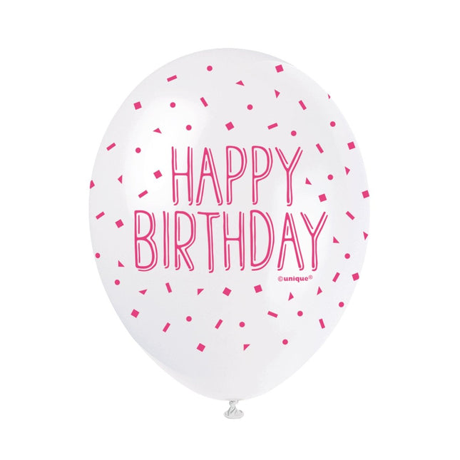Ballonnen Happy Birthday Confetti Roze 30cm 5st van Unique koop je bij Partywinkel
