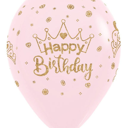 Ballonnen Happy Birthday Crowns Glitter Ink Pastel Matte Pink 30cm 25st van Sempertex koop je bij Partywinkel