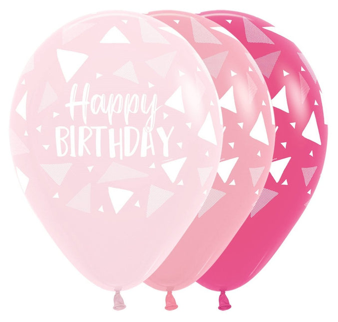 Ballonnen Happy Birthday Triangles Pink Mix 30cm 25st van Sempertex koop je bij Partywinkel