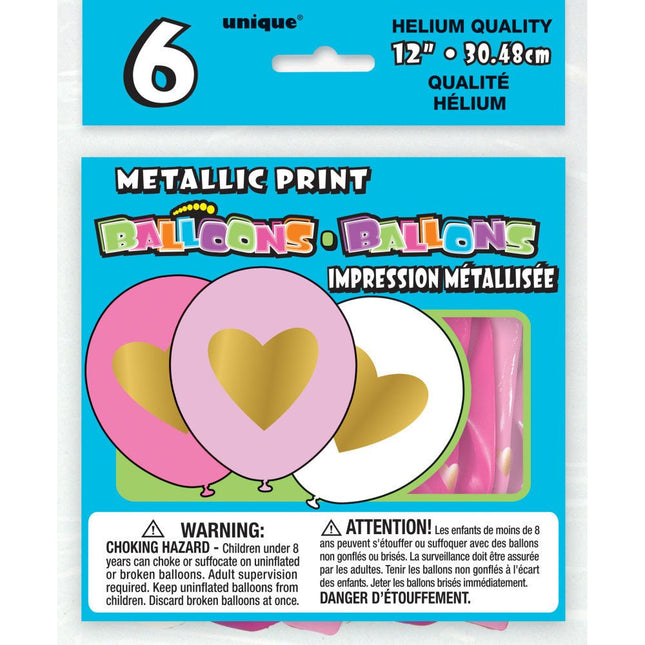 Ballonnen Roze Met Gouden Hart 30cm 6st van Unique koop je bij Partywinkel