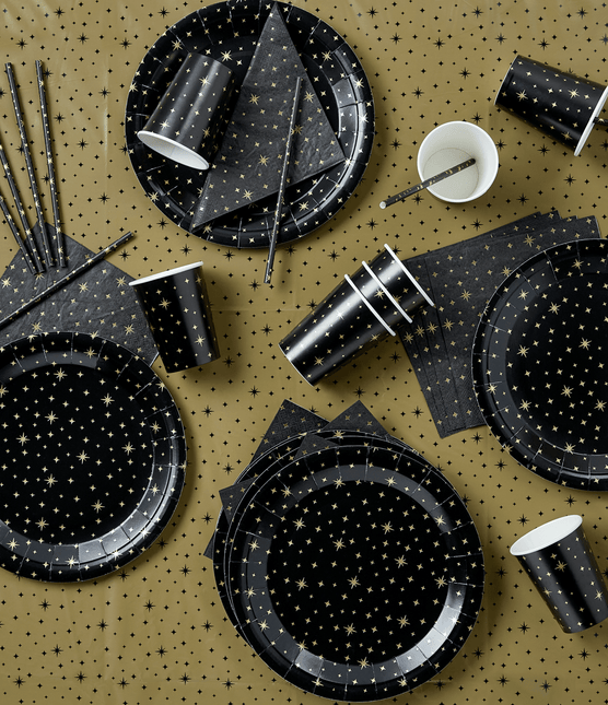 Bekers Gouden Sterren Zwart 13cm 8st van Paper Dreams koop je bij Partywinkel