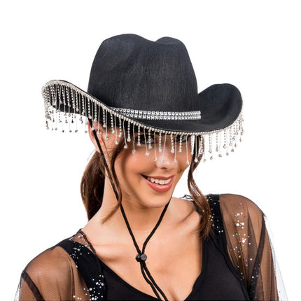 Black Cowboy Hat with Dangling Rhinestones, One Size