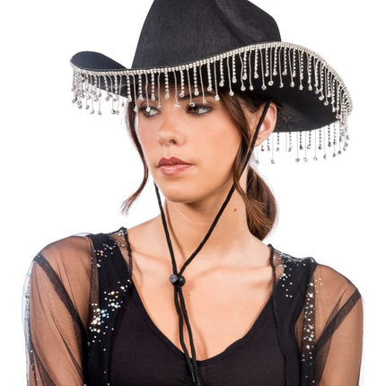 Black Cowboy Hat with Dangling Rhinestones, One Size