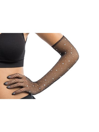 Zwarte Visnet Handschoenen met Strass 45cm