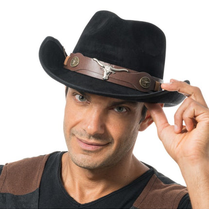 Black Cowboy Hat with Bull's Head, One Size