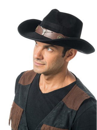 Black Cowboy Hat with Bull's Head, One Size