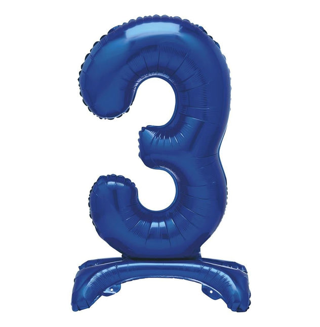 Blauwe Cijfer Ballon 3 Jaar Met Standaard 76cm van Unique koop je bij Partywinkel