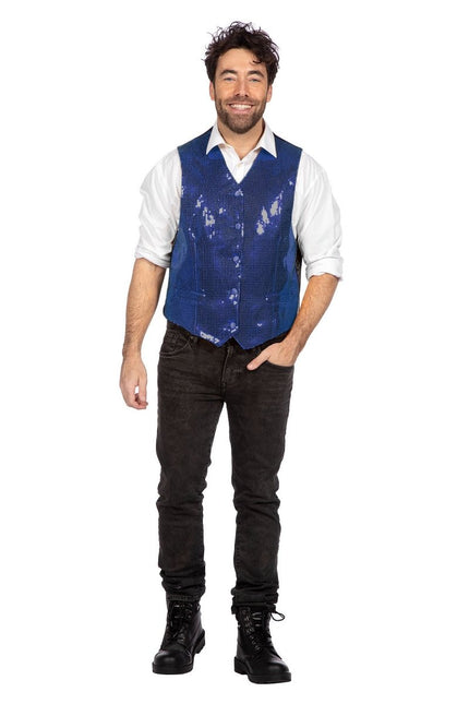 Blauwe Gilet Heren Pailletten van Wilbers & Wilbers koop je bij Partywinkel