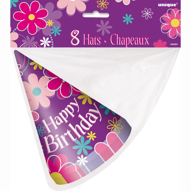Bloemen Feesthoedjes Happy Birthday 8st van Unique koop je bij Partywinkel