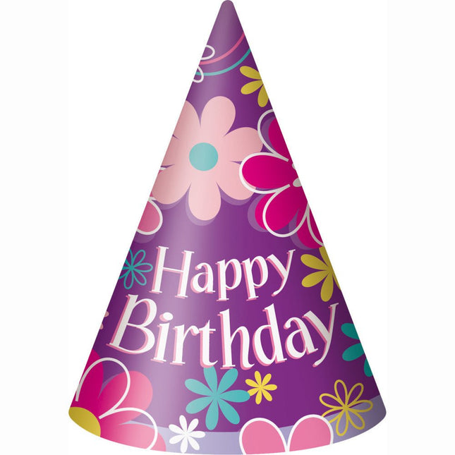 Bloemen Feesthoedjes Happy Birthday 8st van Unique koop je bij Partywinkel