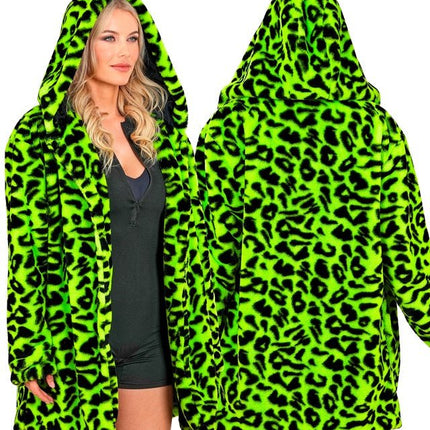 Bontjas Met Muts Pluche Luipaard Neon van Widmann koop je bij Partywinkel