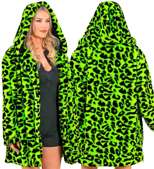 Bontjas Met Muts Pluche Luipaard Neon van Widmann koop je bij Partywinkel