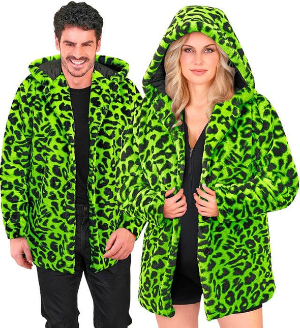 Bontjas Met Muts Pluche Luipaard Neon van Widmann koop je bij Partywinkel