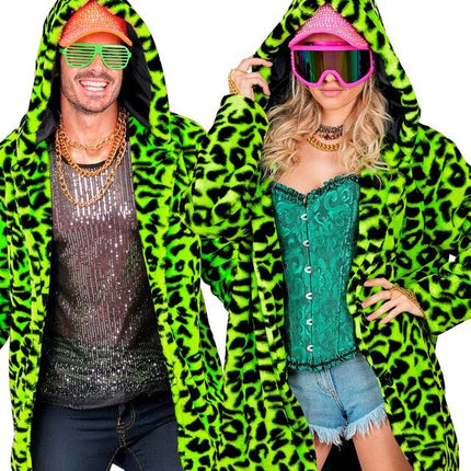Bontjas Met Muts Pluche Luipaard Neon van Widmann koop je bij Partywinkel