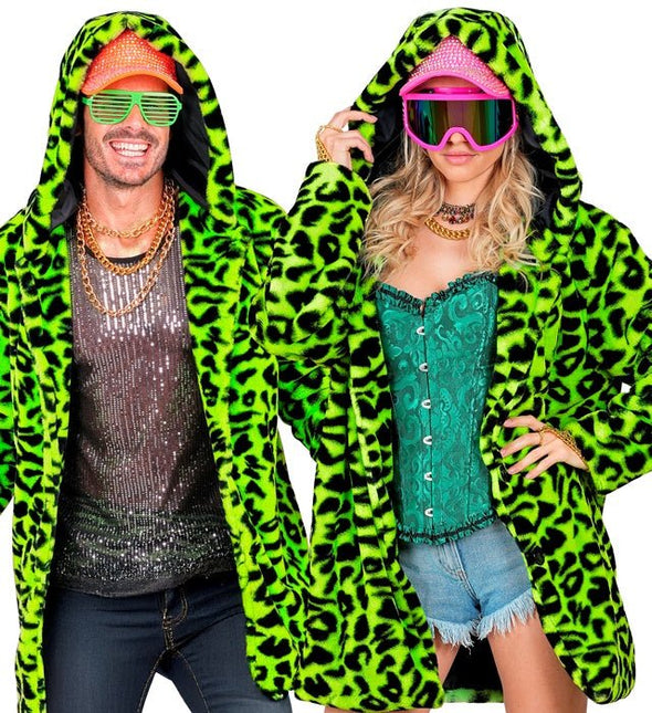 Bontjas Met Muts Pluche Luipaard Neon van Widmann koop je bij Partywinkel