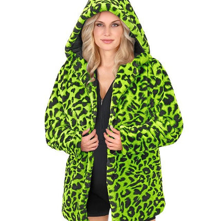 Bontjas Met Muts Pluche Luipaard Neon van Widmann koop je bij Partywinkel