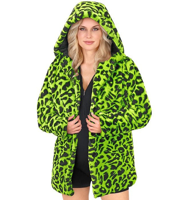 Bontjas Met Muts Pluche Luipaard Neon van Widmann koop je bij Partywinkel