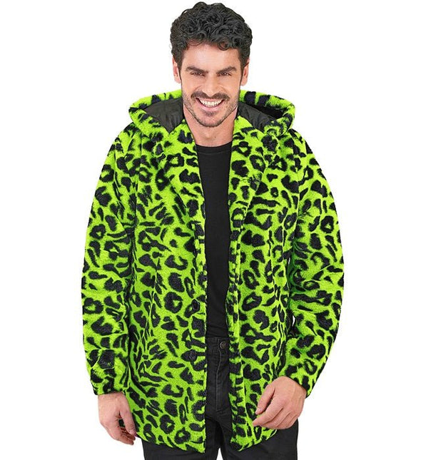 Bontjas Met Muts Pluche Luipaard Neon van Widmann koop je bij Partywinkel