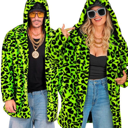 Bontjas Met Muts Pluche Luipaard Neon van Widmann koop je bij Partywinkel