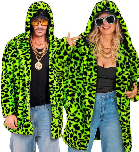 Bontjas Met Muts Pluche Luipaard Neon van Widmann koop je bij Partywinkel