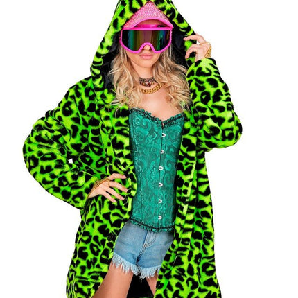 Bontjas Met Muts Pluche Luipaard Neon van Widmann koop je bij Partywinkel