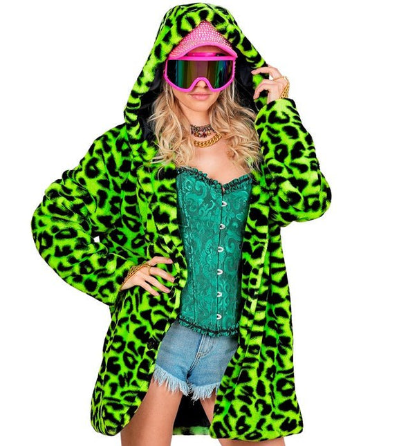 Bontjas Met Muts Pluche Luipaard Neon van Widmann koop je bij Partywinkel