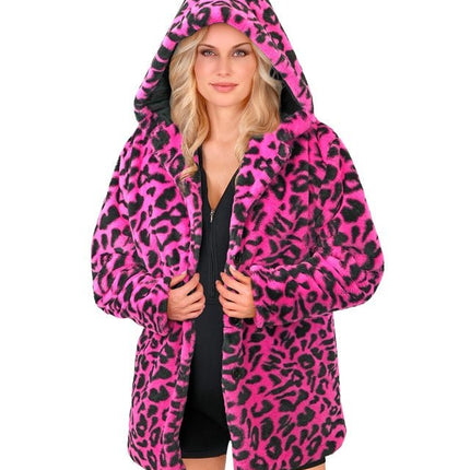 Bontjas Met Muts Pluche Luipaard Neon Roze van Widmann koop je bij Partywinkel