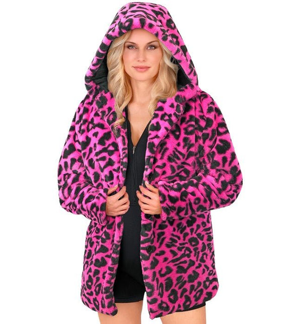 Bontjas Met Muts Pluche Luipaard Neon Roze van Widmann koop je bij Partywinkel