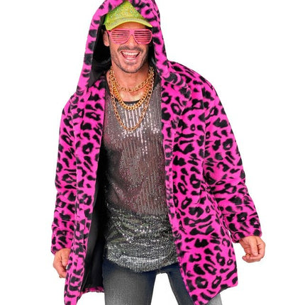 Bontjas Met Muts Pluche Luipaard Neon Roze van Widmann koop je bij Partywinkel
