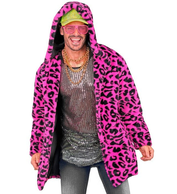 Bontjas Met Muts Pluche Luipaard Neon Roze van Widmann koop je bij Partywinkel