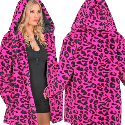 Bontjas Met Muts Pluche Luipaard Neon Roze van Widmann koop je bij Partywinkel