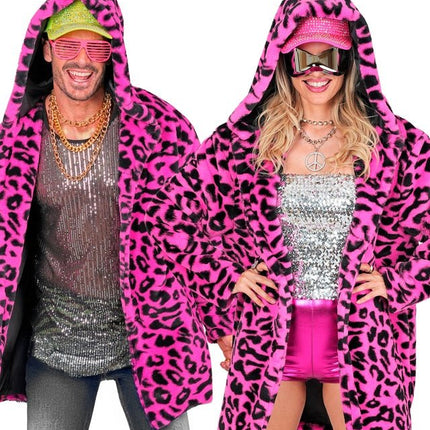 Bontjas Met Muts Pluche Luipaard Neon Roze van Widmann koop je bij Partywinkel