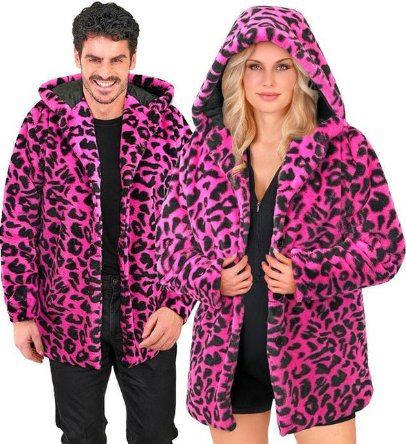 Bontjas Met Muts Pluche Luipaard Neon Roze van Widmann koop je bij Partywinkel