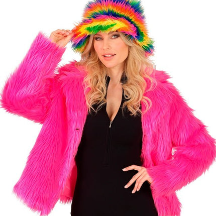 Bontjas Pluche Dames Neon Roze van Widmann koop je bij Partywinkel