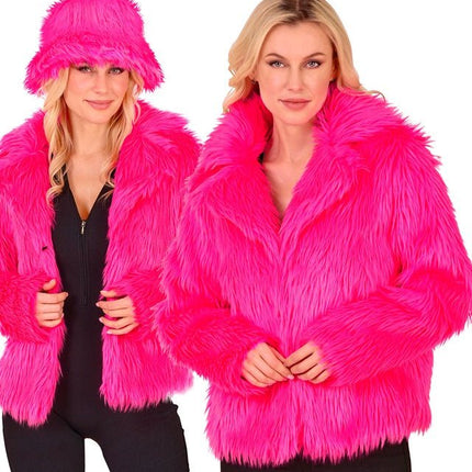 Bontjas Pluche Dames Neon Roze van Widmann koop je bij Partywinkel