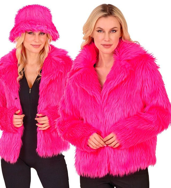 Bontjas Pluche Dames Neon Roze van Widmann koop je bij Partywinkel