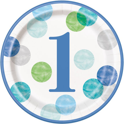 Borden 1 Jaar Blauw Stippen 23cm 8st van Unique koop je bij Partywinkel