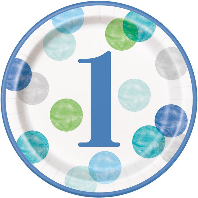 Borden 1 Jaar Blauw Stippen 23cm 8st van Unique koop je bij Partywinkel