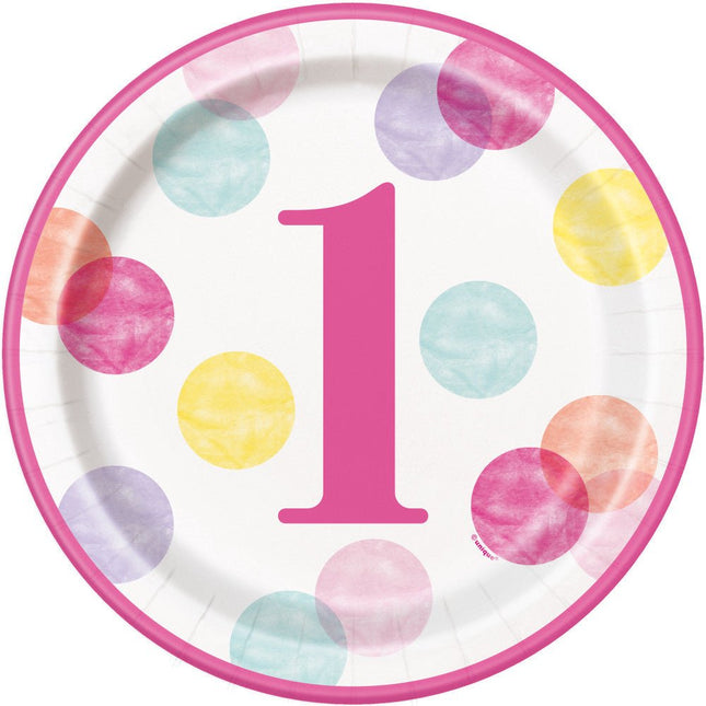 Borden 1 Jaar Roze Stippen 23cm 8st van Unique koop je bij Partywinkel