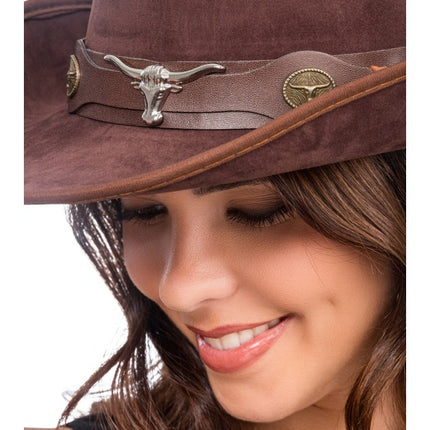 Brown Cowboy Hat with Bull's Head, One Size