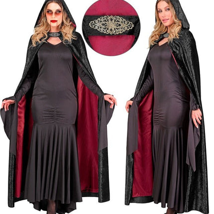 Cape met Kap Zwart Rood Fluweel Met rode Binnenvoering 140cm van Widmann koop je bij Partywinkel