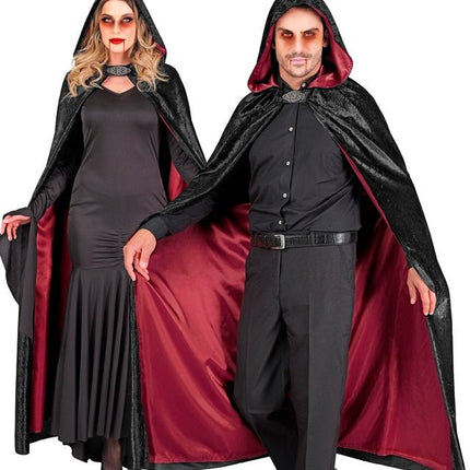 Cape met Kap Zwart Rood Fluweel Met rode Binnenvoering 140cm van Widmann koop je bij Partywinkel